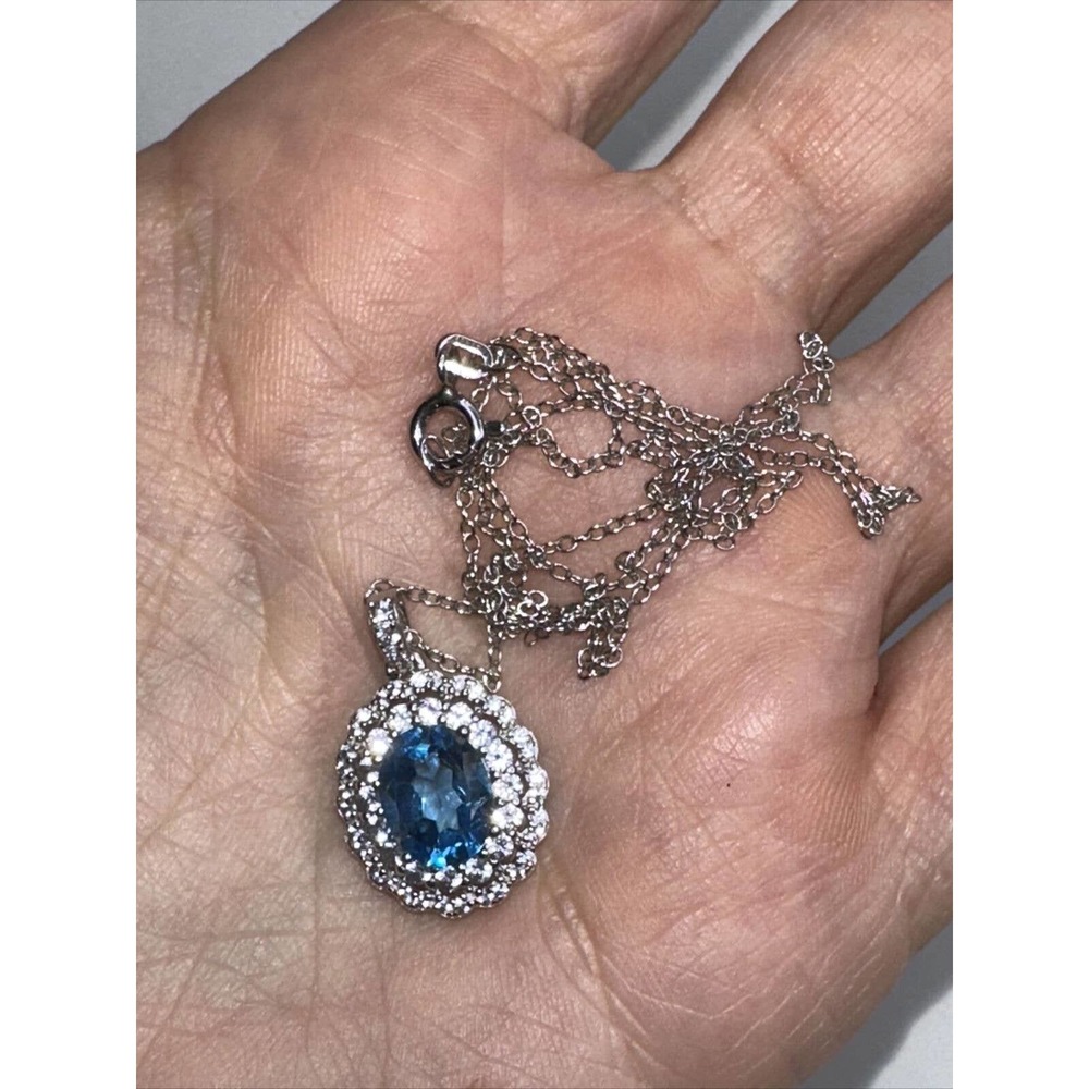 PAJ Sterling Silver light Blue Sapphire Diamond Halo Oval Pendant Charm Necklace